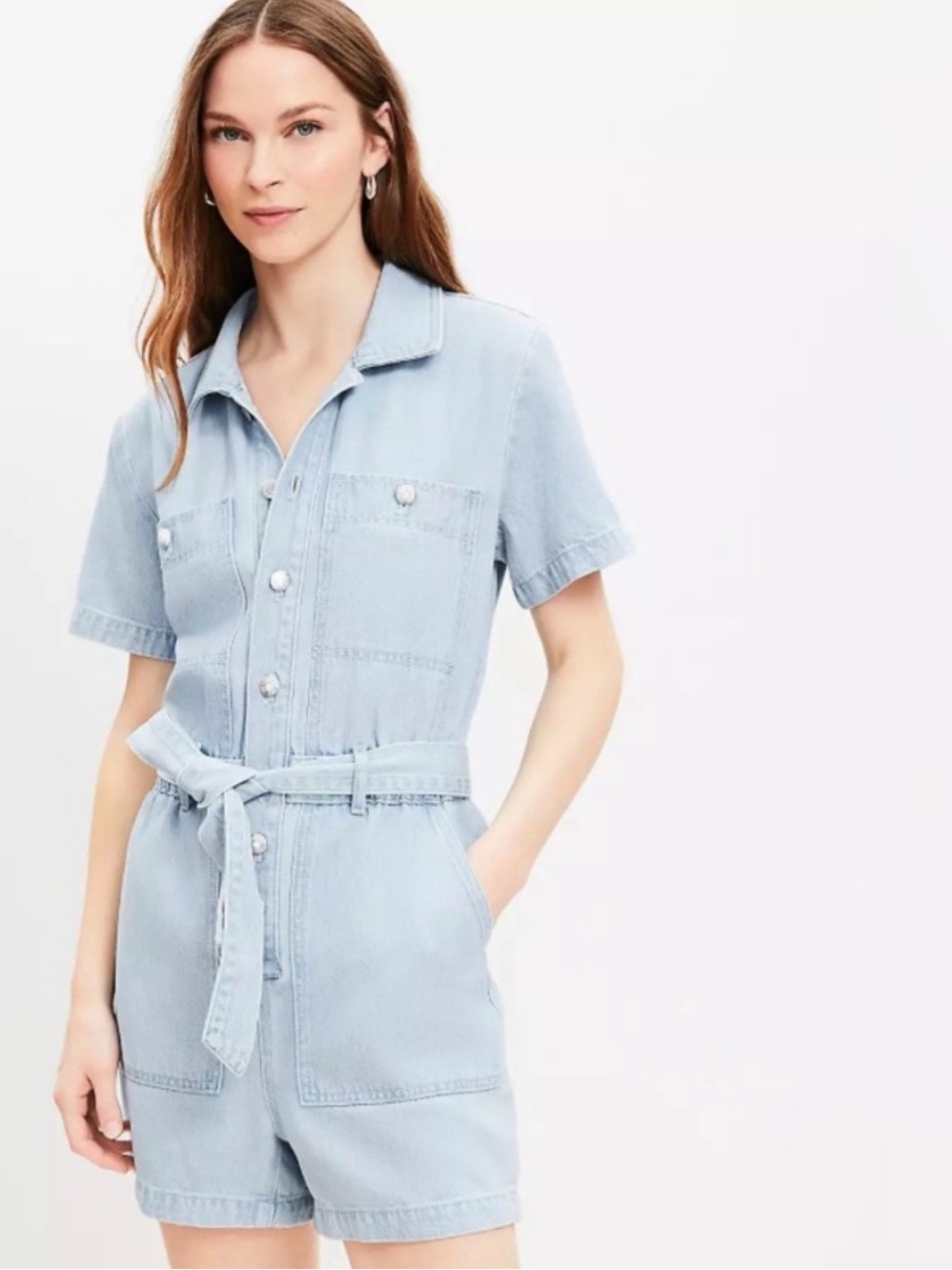 LOFT | Denim Utility Romper in Light-wash Indigo